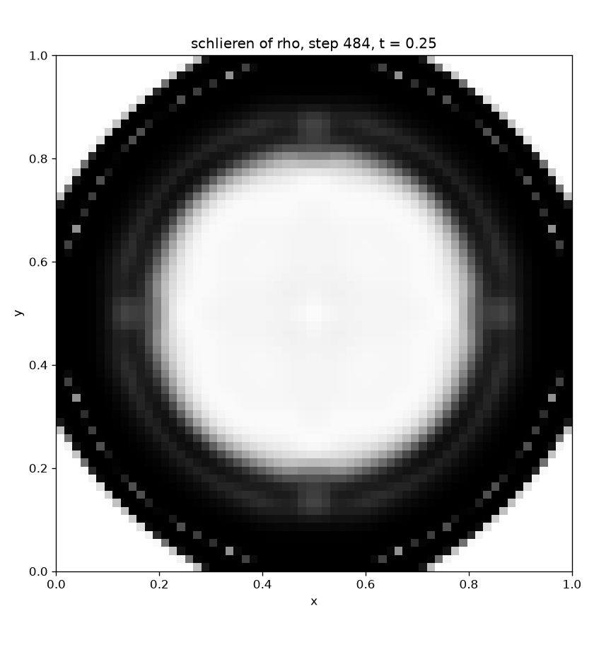 Schlieren image on the middle plane z = 0.5 at t = 0.25