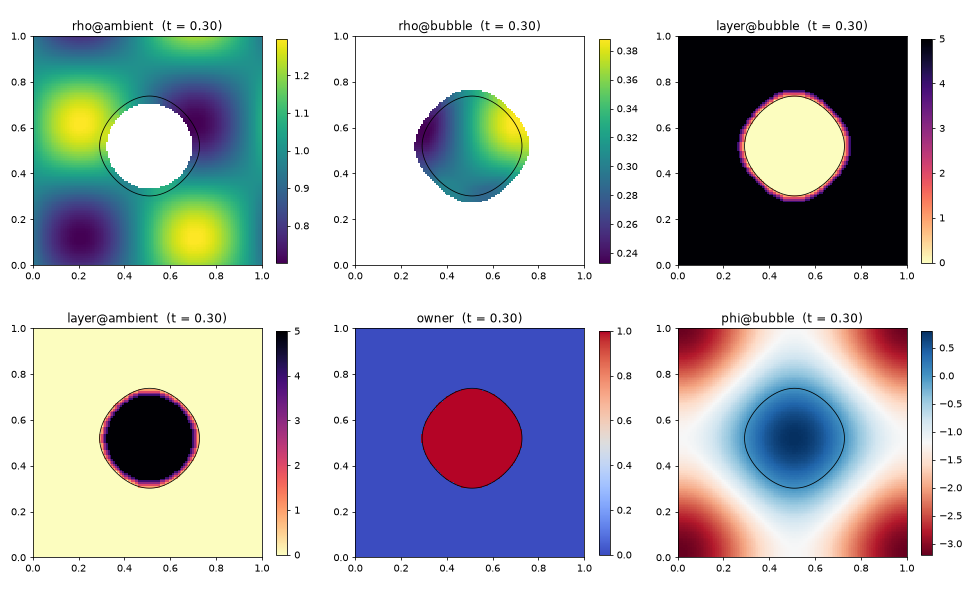 A bubble of one gas in another at t = 0.3, from the example bubble_in_flow: the density of each gas over the grid, the layers of the band of each material, the owner of each cell and the level-set function of the bubble; the black line is the interface